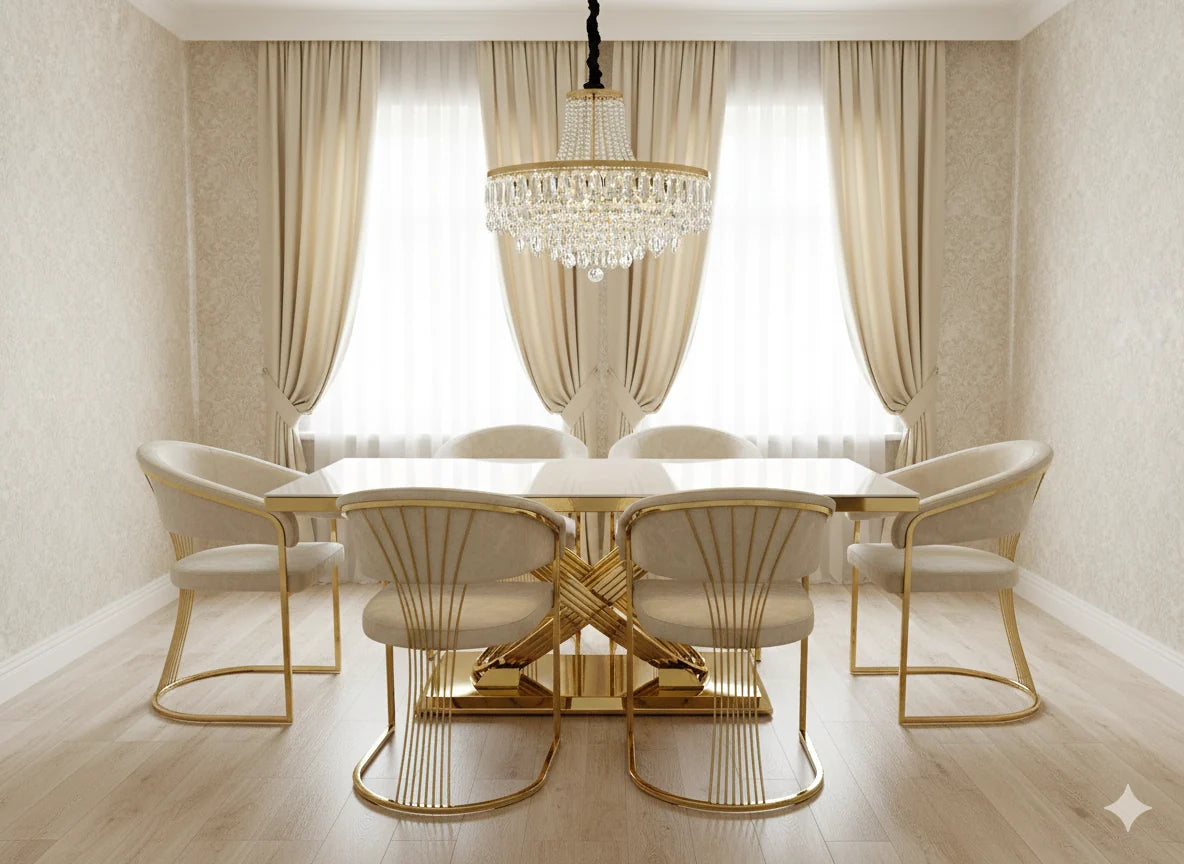 Premium cream and gold marble dining set with upholstered Porado chairs, offering sophisticated dining furniture and excellent value for Manchester interiors.
