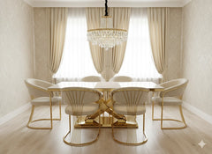 Premium cream and gold marble dining set with upholstered Porado chairs, offering sophisticated dining furniture and excellent value for Manchester interiors.
