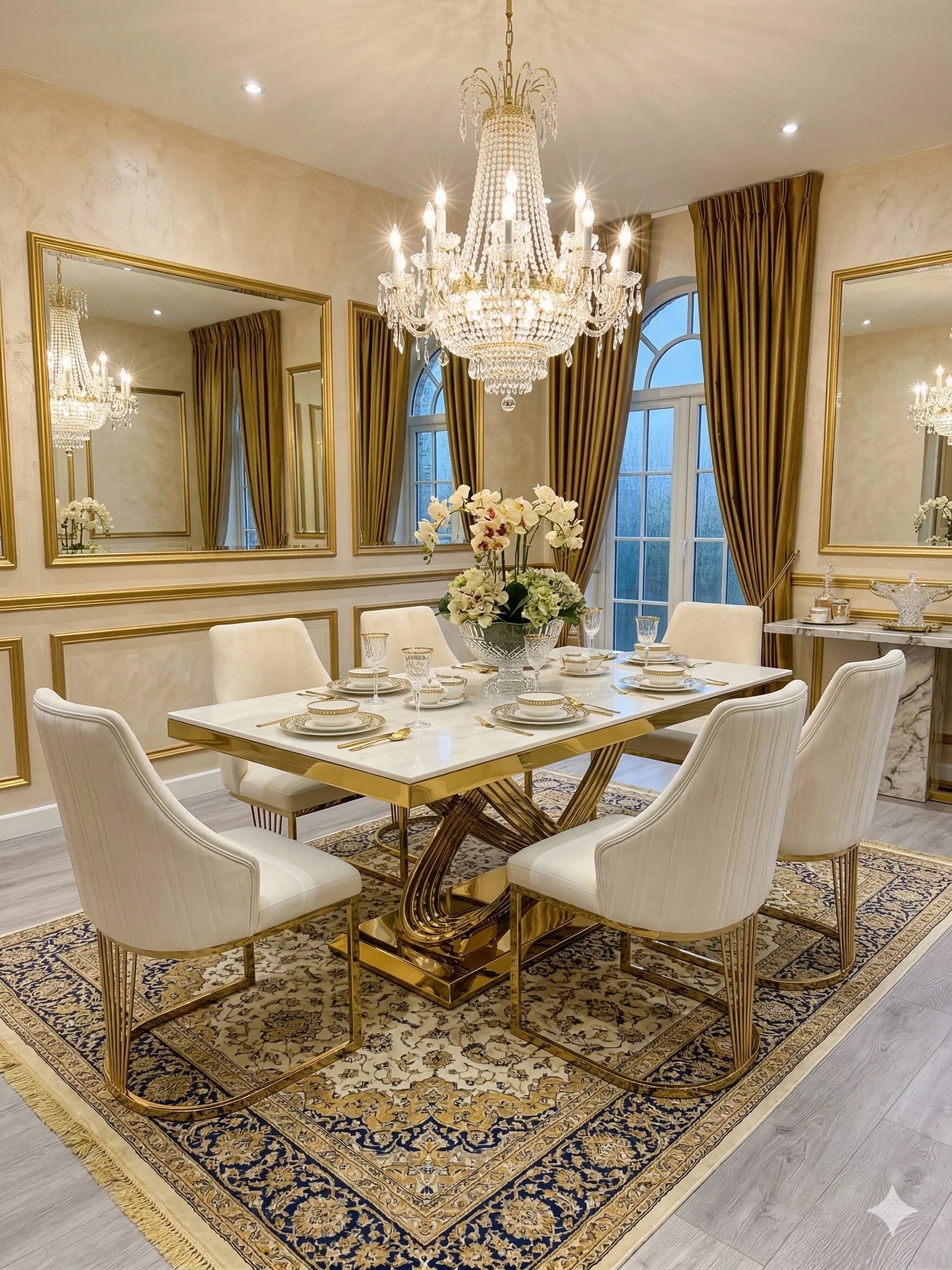 Cream marble and gold dining suite with refined Lasco seating, designed to elevate Manchester open-plan kitchens and family entertaining spaces.
