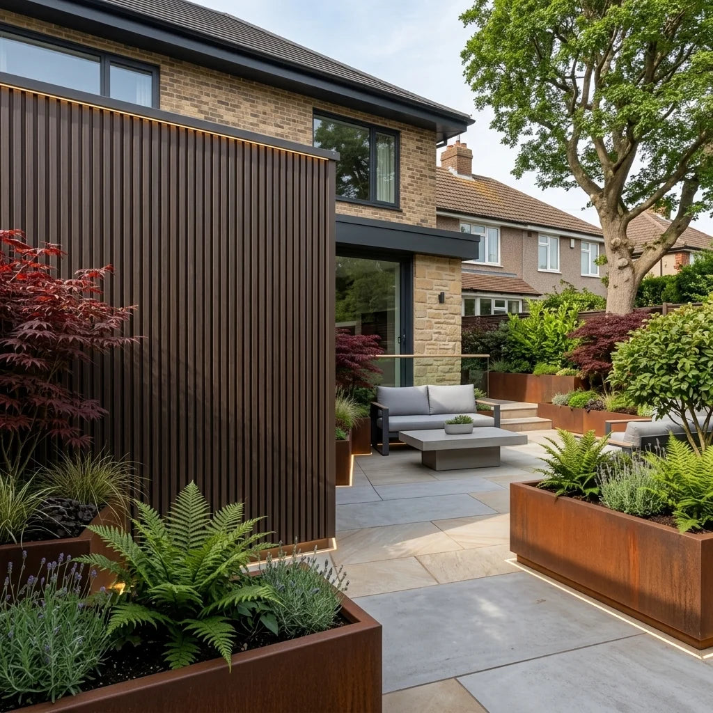 Dark brown composite wall cladding on a modern garden room exterior