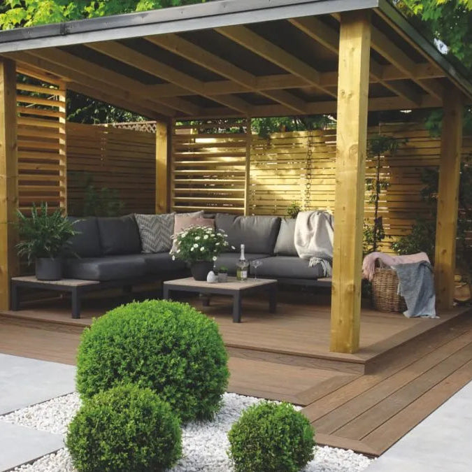 Dark brown composite decking installed on a patio