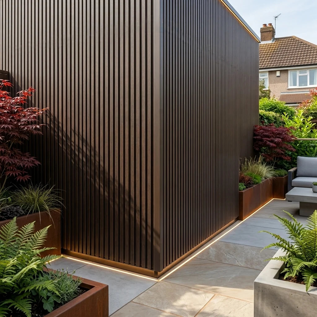 Dark brown composite wall cladding panels for outdoor exterior walls