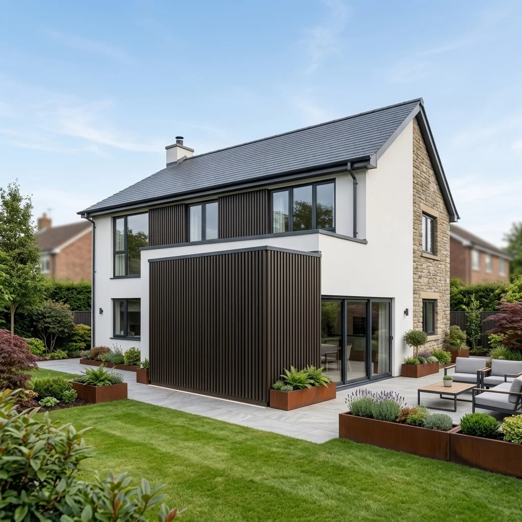 Dark brown composite exterior cladding on a contemporary house façade