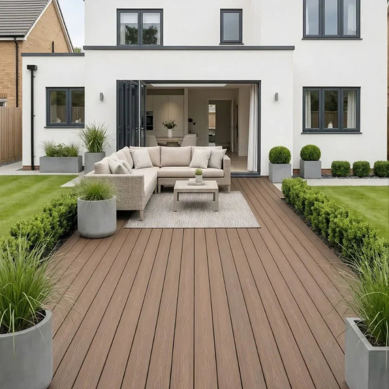 Dark brown WPC garden decking for outdoor living