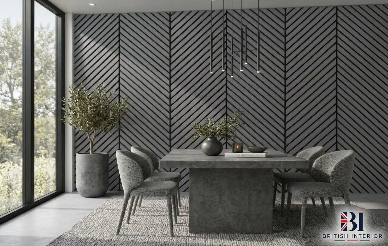 Dark grey acoustic slat wall panel installed on an interior wall