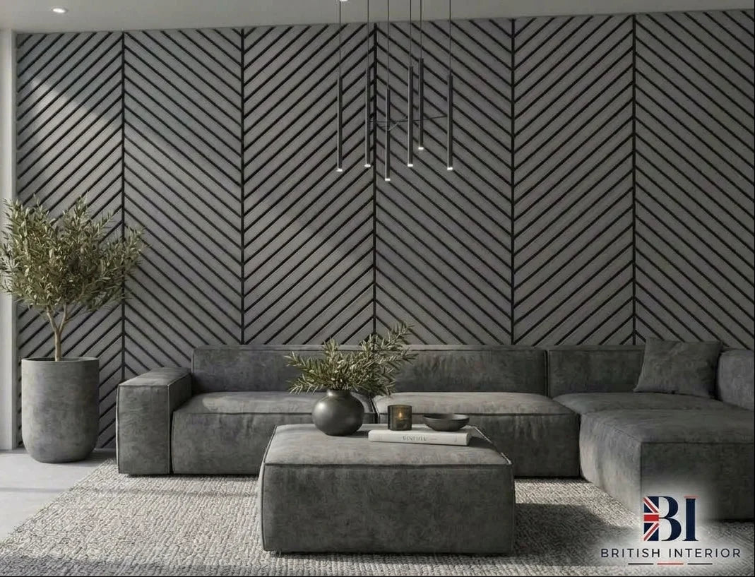 Dark grey acoustic slat wall panel in a living room