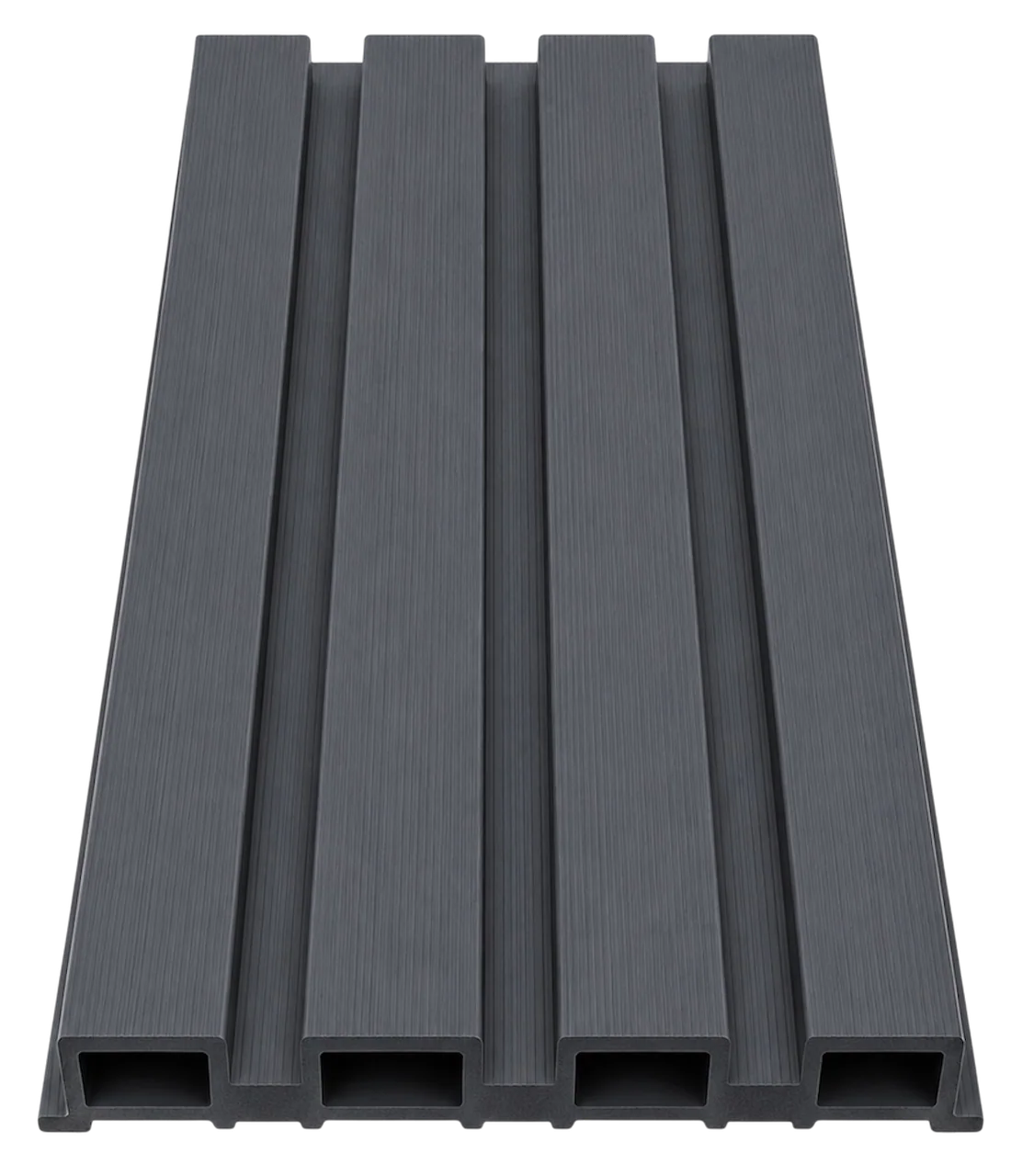Close-up of dark grey composite exterior wall cladding panel profile