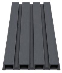 Close-up of dark grey composite exterior wall cladding panel profile