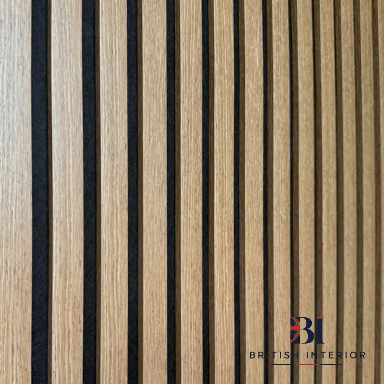 Close-up of three-sided Dark Oak veneer finish on acoustic wall slats