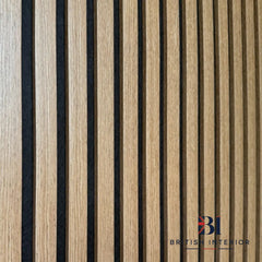Close-up of three-sided Dark Oak veneer finish on acoustic wall slats