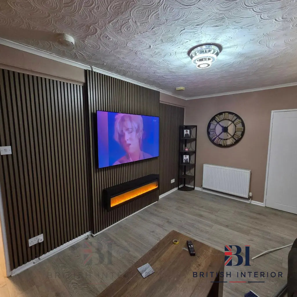 Dark Oak slatted feature wall in a modern interior