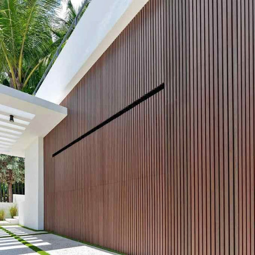 Dark Oak slatted wall panels installed across a feature wall