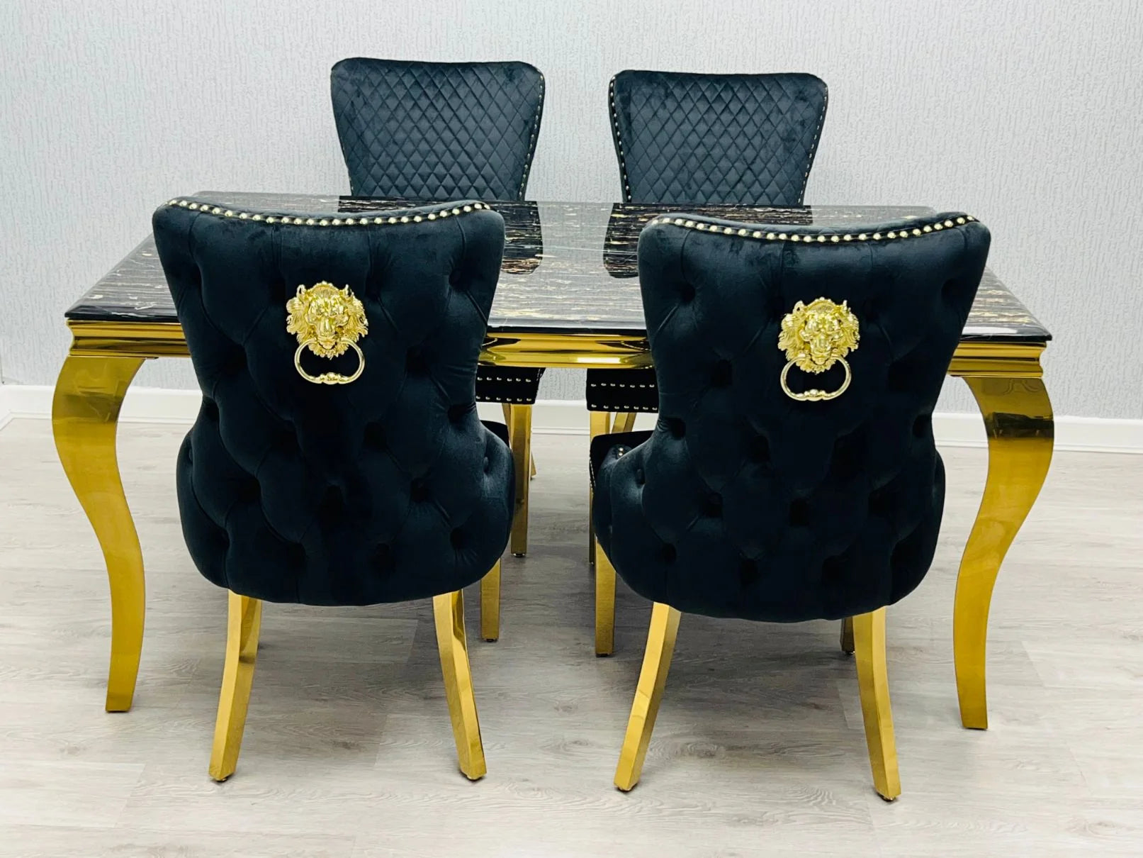 Designer cream gold marble table with Victoria lion knocker chairs for luxury penthouses and prestige residences in Edinburgh, St Andrews and North Berwick UK