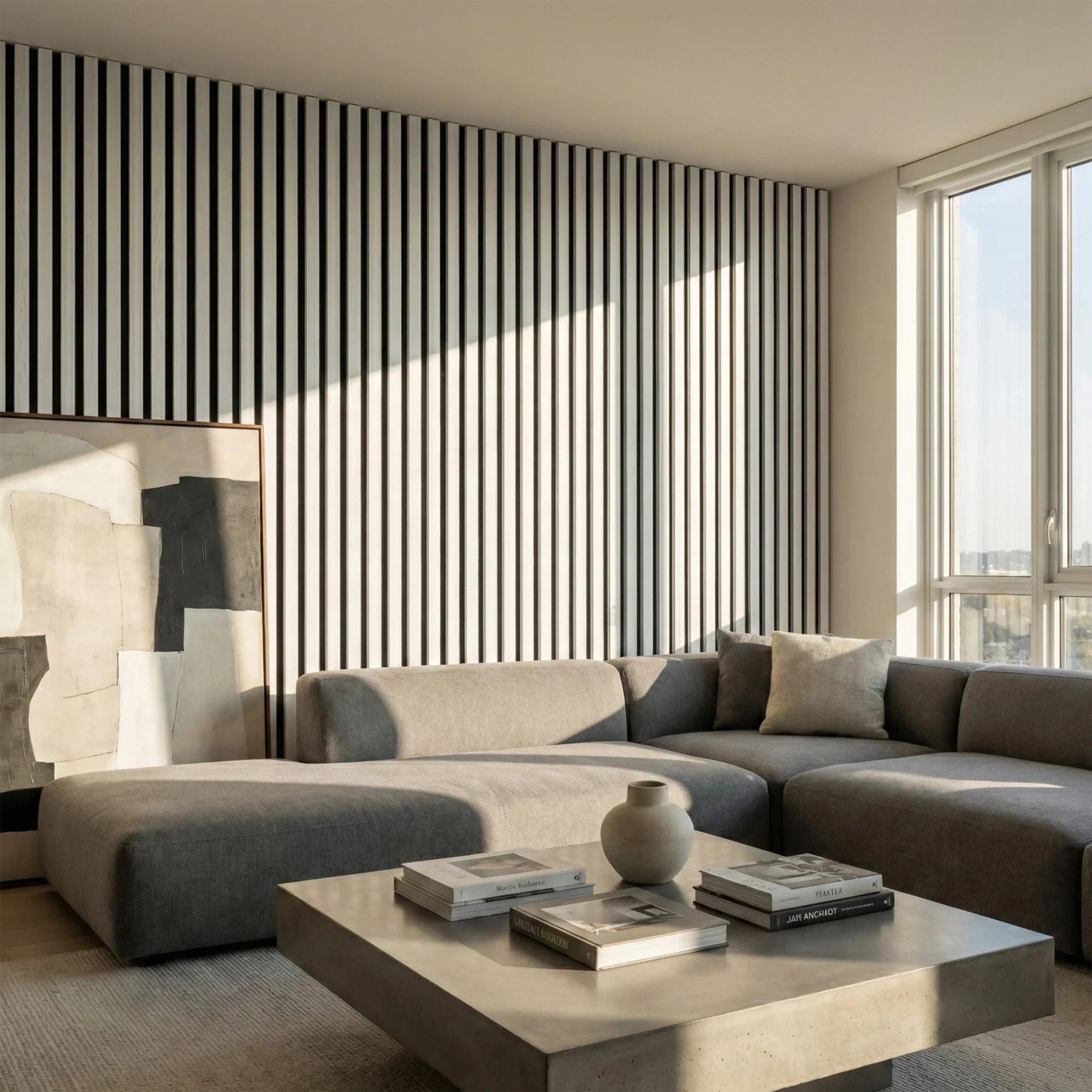 Dove grey three-sided colour-wrapped acoustic slat wall panel
