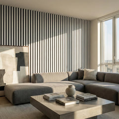 Dove grey three-sided colour-wrapped acoustic slat wall panel