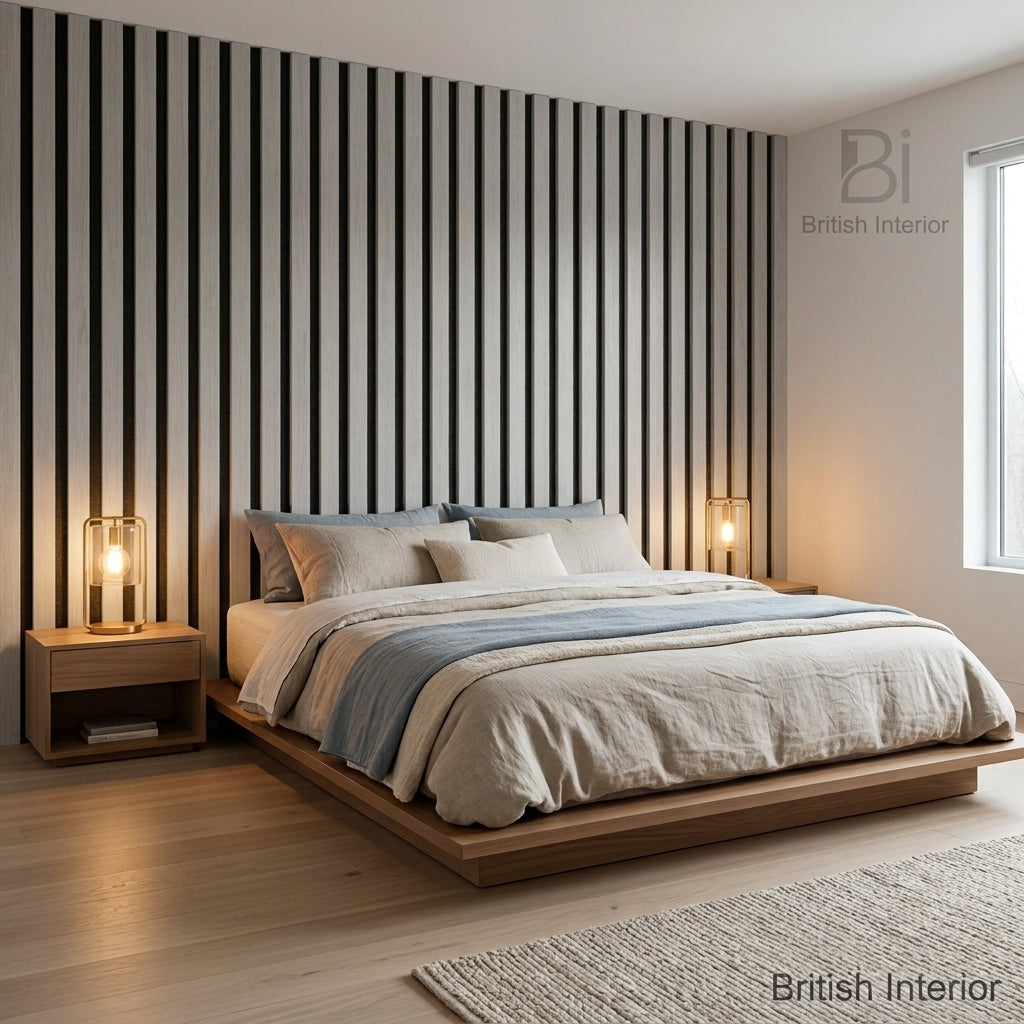 Dove grey acoustic slat feature wall for a bedroom