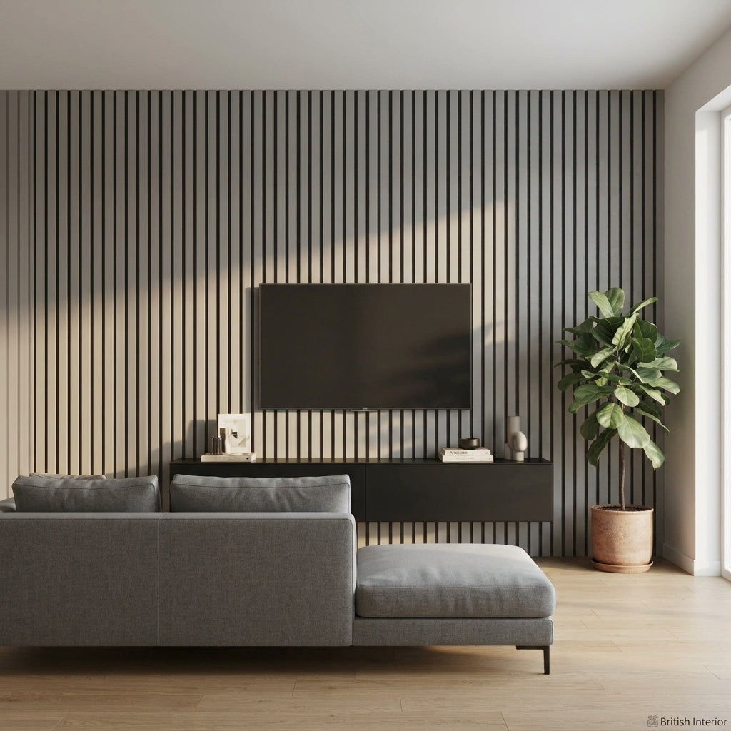 Dove Grey acoustic slat panels used to create a modern feature wall in a living room