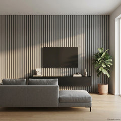 Dove Grey acoustic slat panels used to create a modern feature wall in a living room