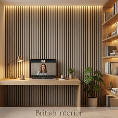 Dove Grey acoustic slat panels used as a stylish feature wall in a modern home office