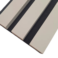 Close-up of dove grey acoustic slats with felt backing