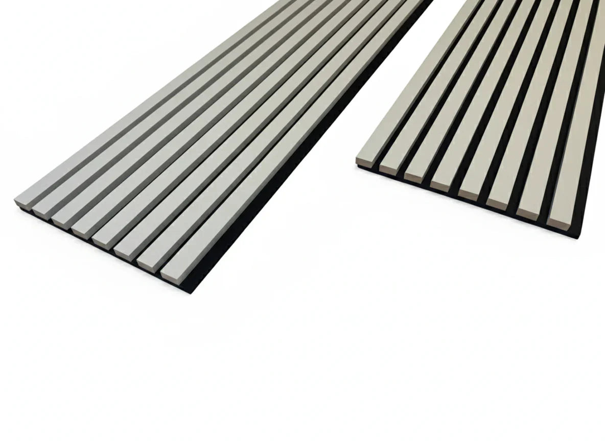 Detailed view of Dove Grey slats and acoustic felt on a WIDE slat wall panel