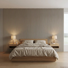 Dove Grey WIDE slat acoustic wall panels creating a soft contemporary bedroom feature wall