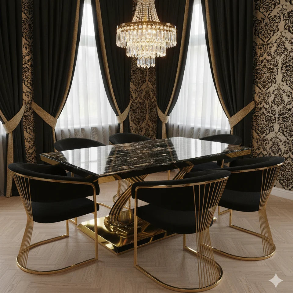 Elina 160cm cream marble dining table with Porado chairs, featuring a polished gold pedestal and refined designer styling for contemporary London homes.
