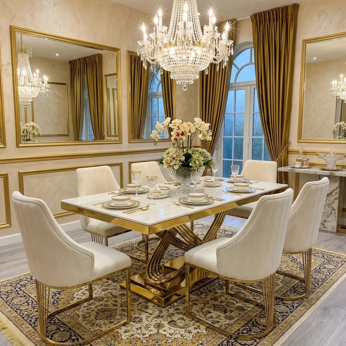 Elina 160cm cream and gold marble dining table with Lasco Gold chairs, luxury dining set for UK homes