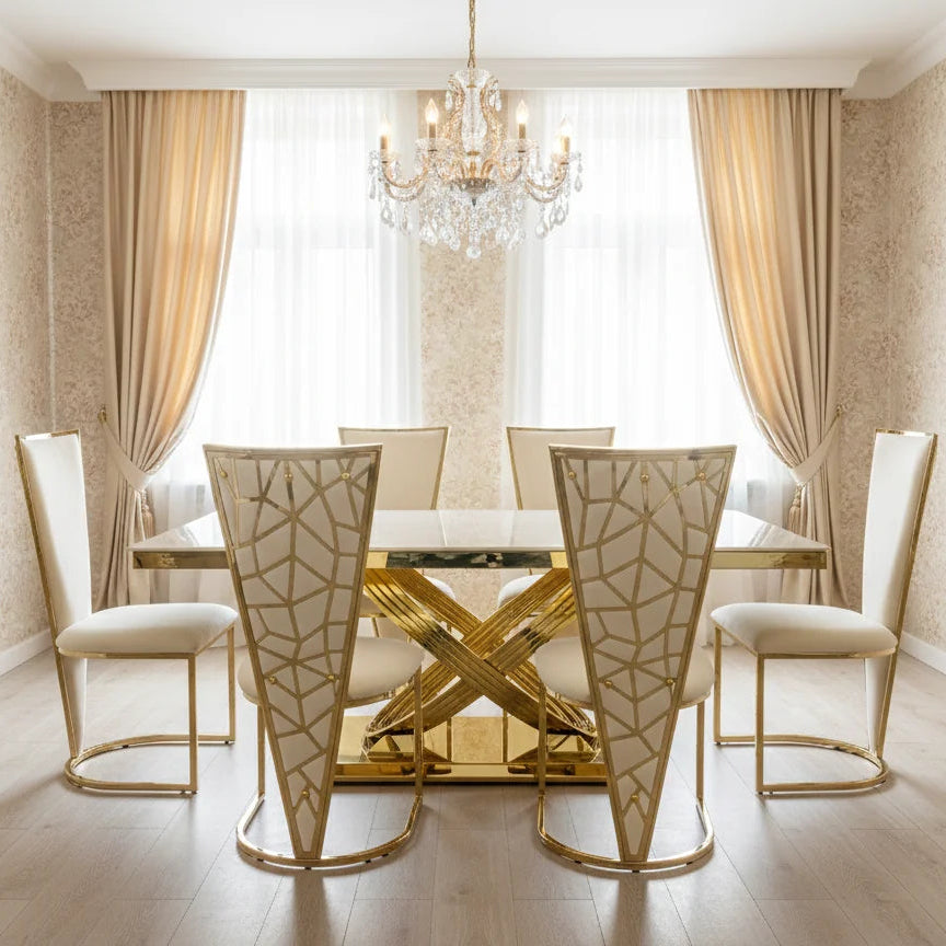 Premium Elina 160cm cream marble dining table with Vienna chairs, bringing elegant gold detailing and sophisticated styling to contemporary London dining rooms.
