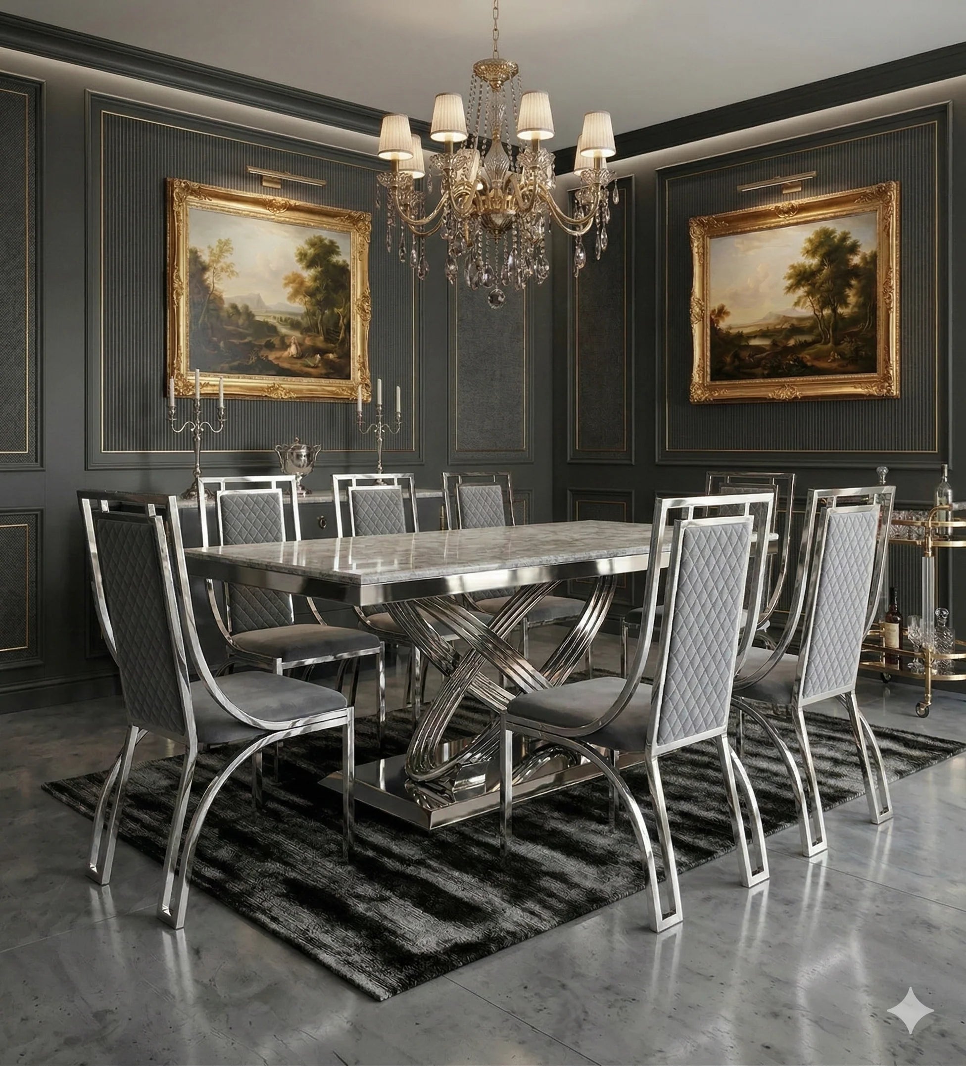 Elina 160cm grey marble dining set with Windsor Chairs for premium 4 seater dining in a modern home