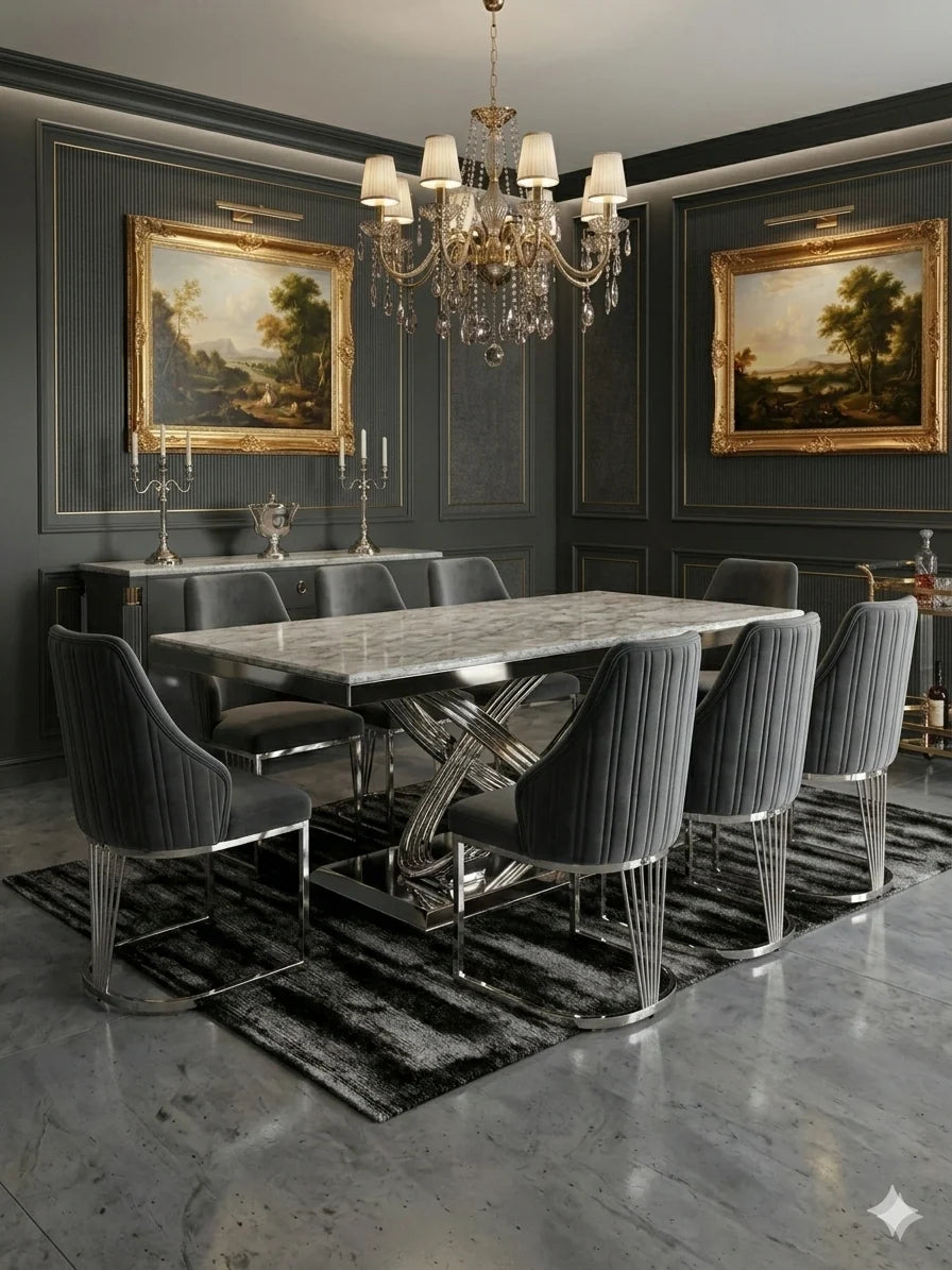 160cm grey marble dining table and Lasco chairs creating a sophisticated contemporary dining set for a British home