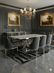 160cm grey marble dining table and Lasco chairs creating a sophisticated contemporary dining set for a British home