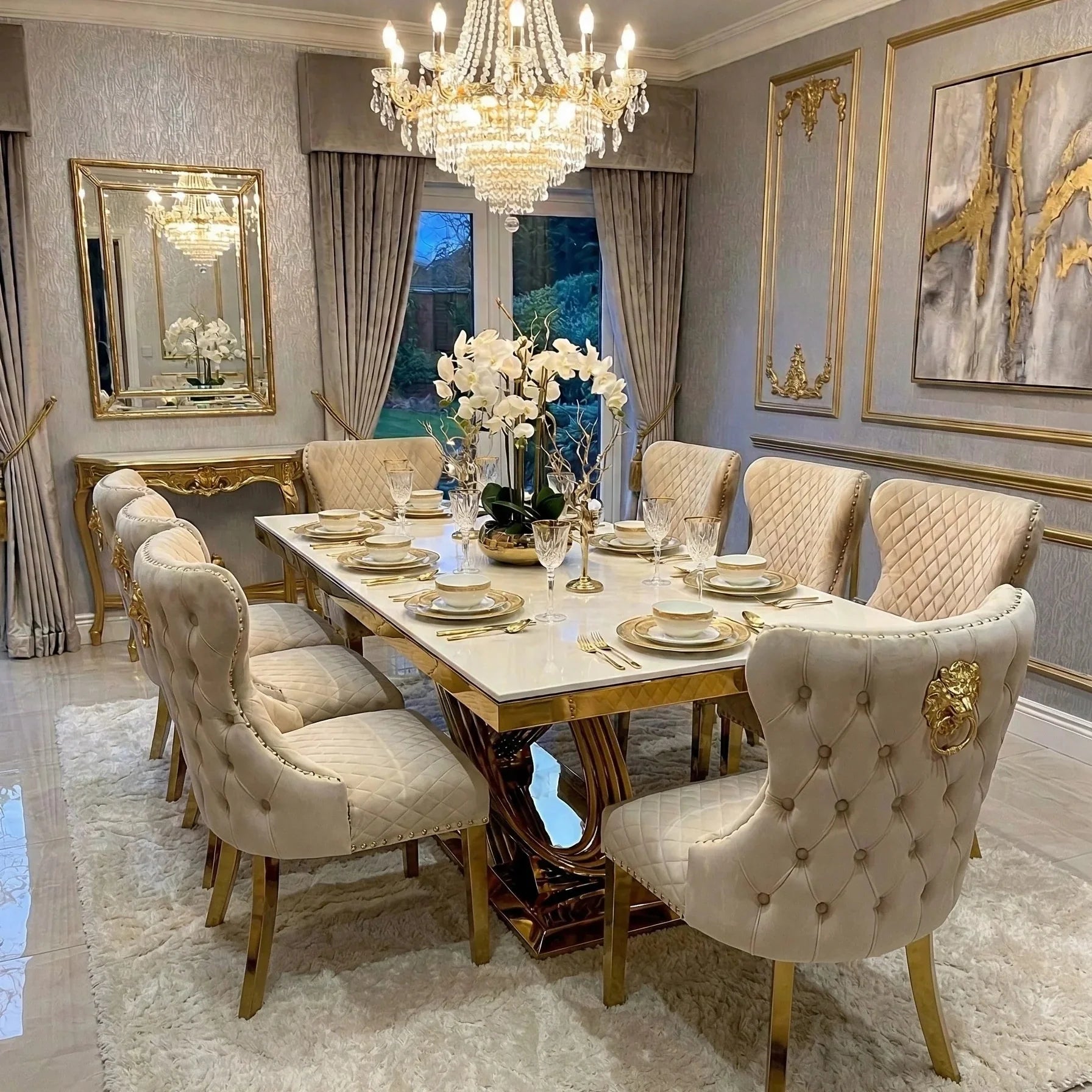 Elina 160cm luxury marble dining set with Valentino Gold Chairs and seating for 6 to 8 adults