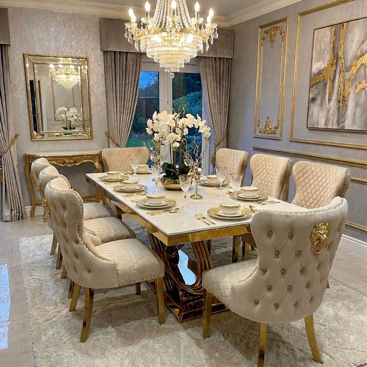 Elina 160cm luxury marble dining set with Valentino Gold Chairs and seating for 6 to 8 adults