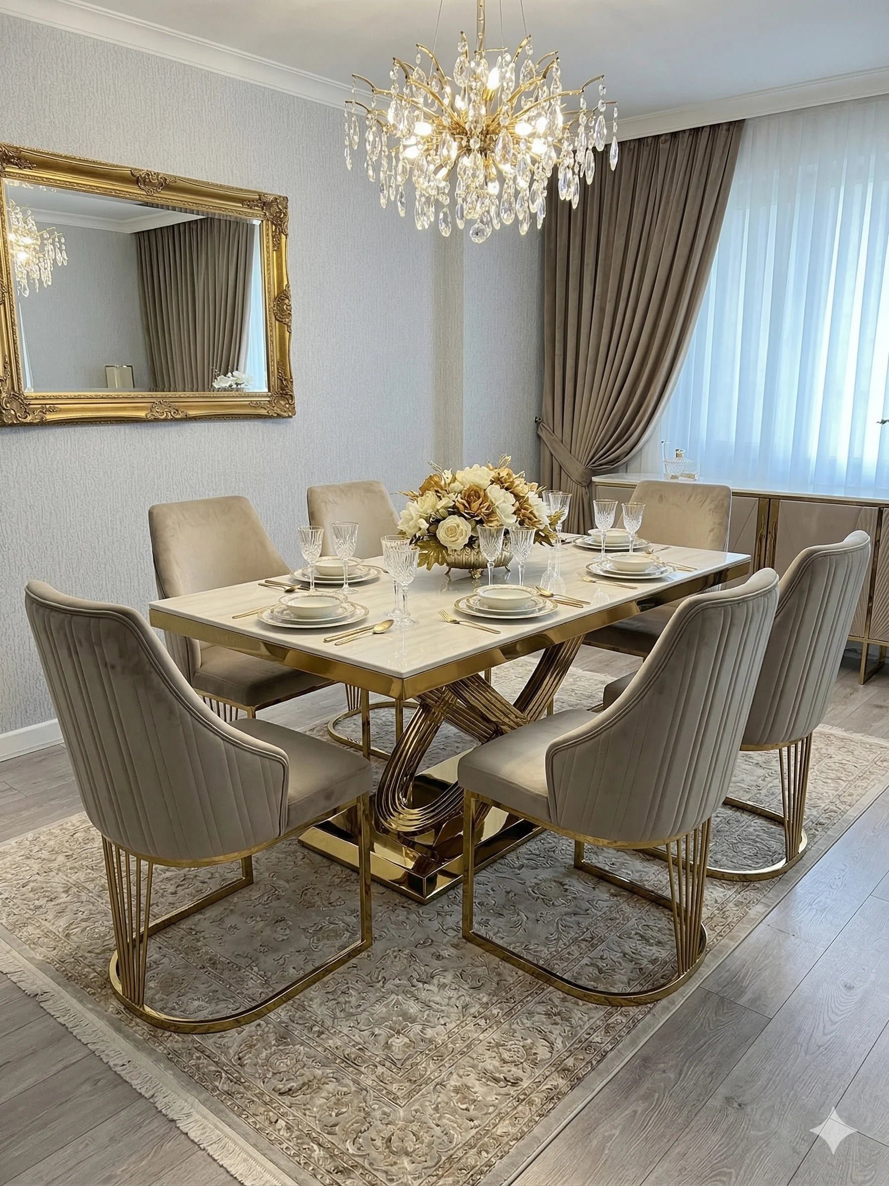 Contemporary 160cm marble dining table with gold base and Lasco chairs for stylish Surrey homes