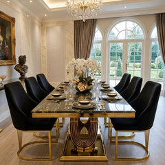 Elina 180cm black and gold marble dining table with Lasco Gold Chairs, a premium 6–8 seater dining set offering sophisticated style and excellent value for London homes.