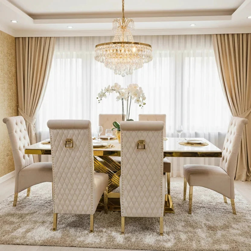 Elina 180cm cream and gold marble dining table with Sofia gold chairs, luxury 6-8 seater dining set for modern UK homes