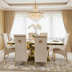 Elina 180cm cream and gold marble dining table with Sofia gold chairs, luxury 6-8 seater dining set for modern UK homes