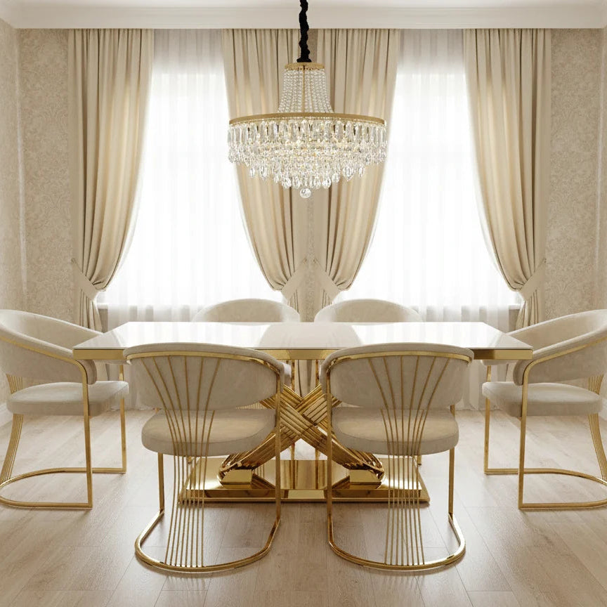 Elina 180cm cream marble dining table with Porado chairs, creating a luxurious gold dining set for sophisticated UK dining rooms.