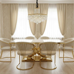 Elina 180cm cream marble dining table with Porado chairs, creating a luxurious gold dining set for sophisticated UK dining rooms.