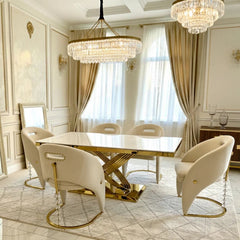 Elina 180cm cream and gold marble dining table with Vegas chairs, premium 6 to 8 seater dining set