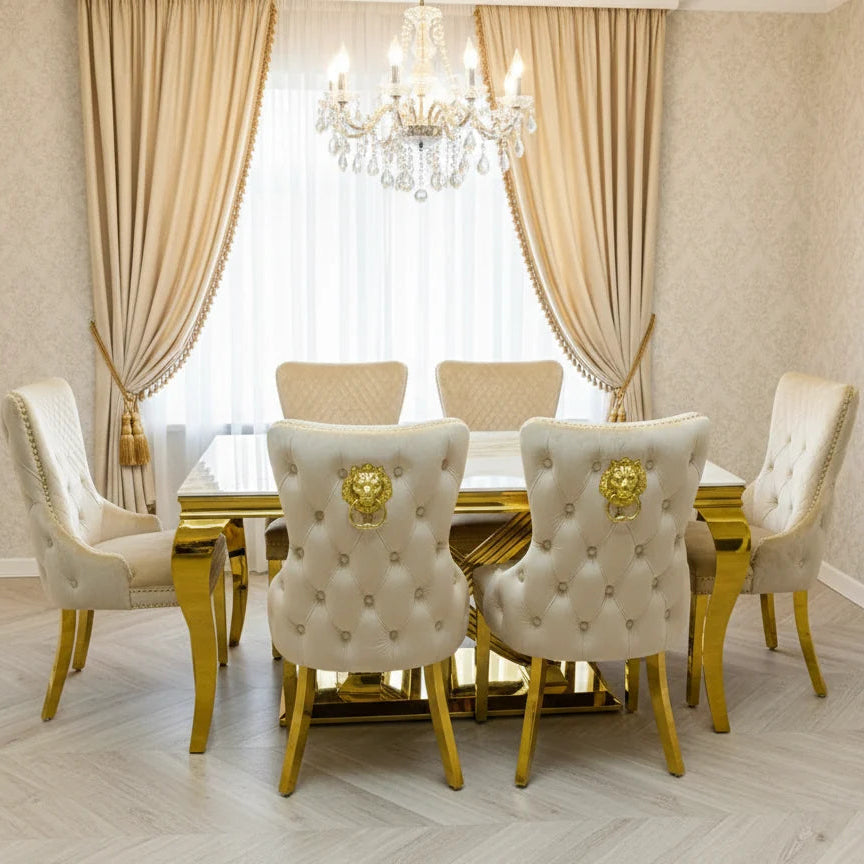 Elina 180cm cream and gold marble dining table with Victoria Lion Knocker Chairs, premium 6 to 8 seater dining set