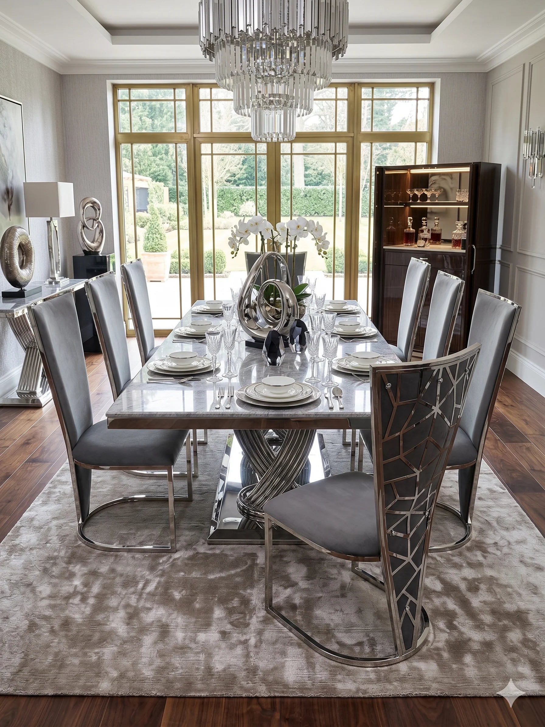 Elina 180cm grey marble dining set with Vienna Grey Chairs offering spacious 6 to 8 seater dining for family meals
