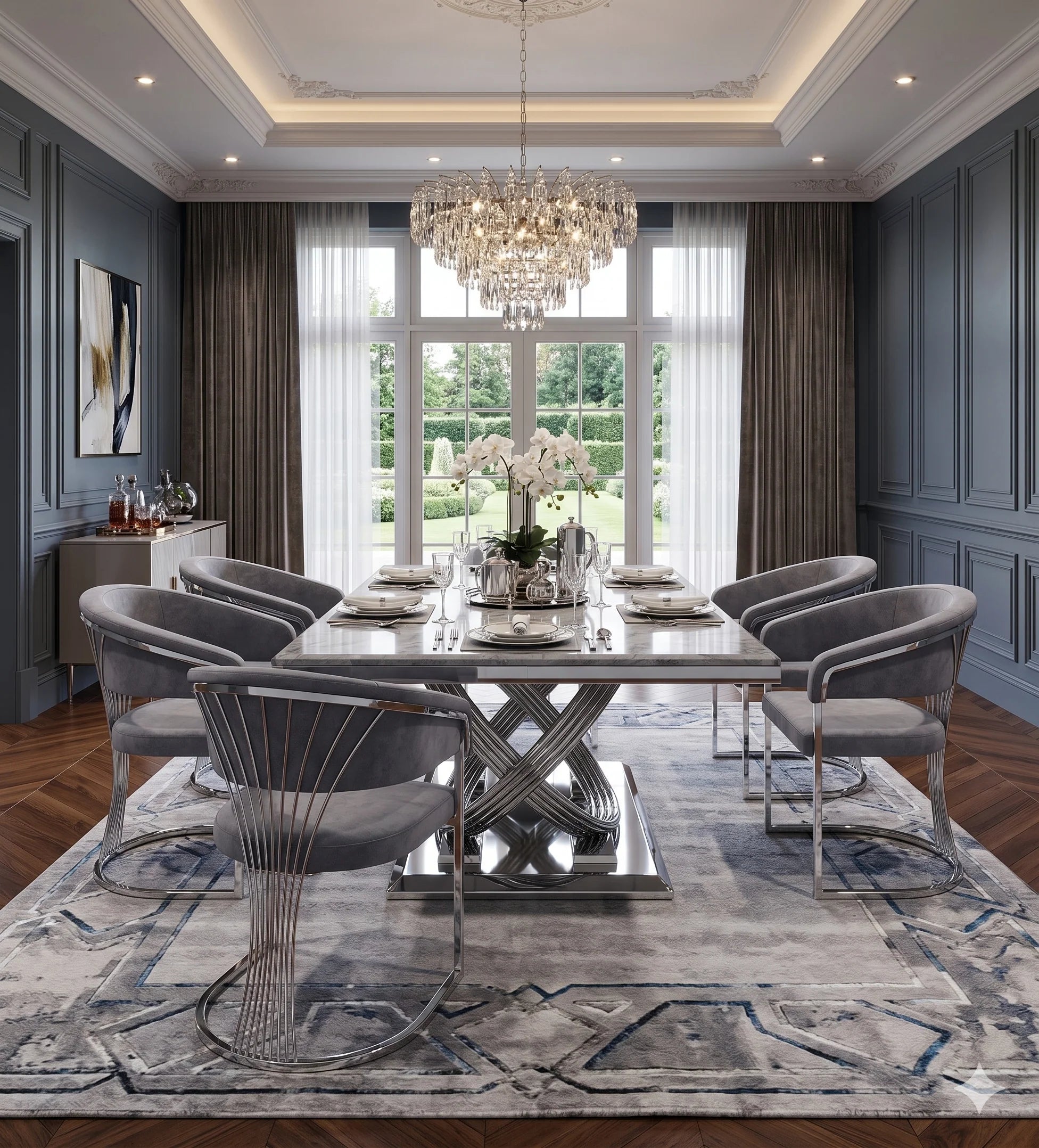 Elina 180cm grey marble dining set with Porado Grey Chairs offering spacious 6 seater dining