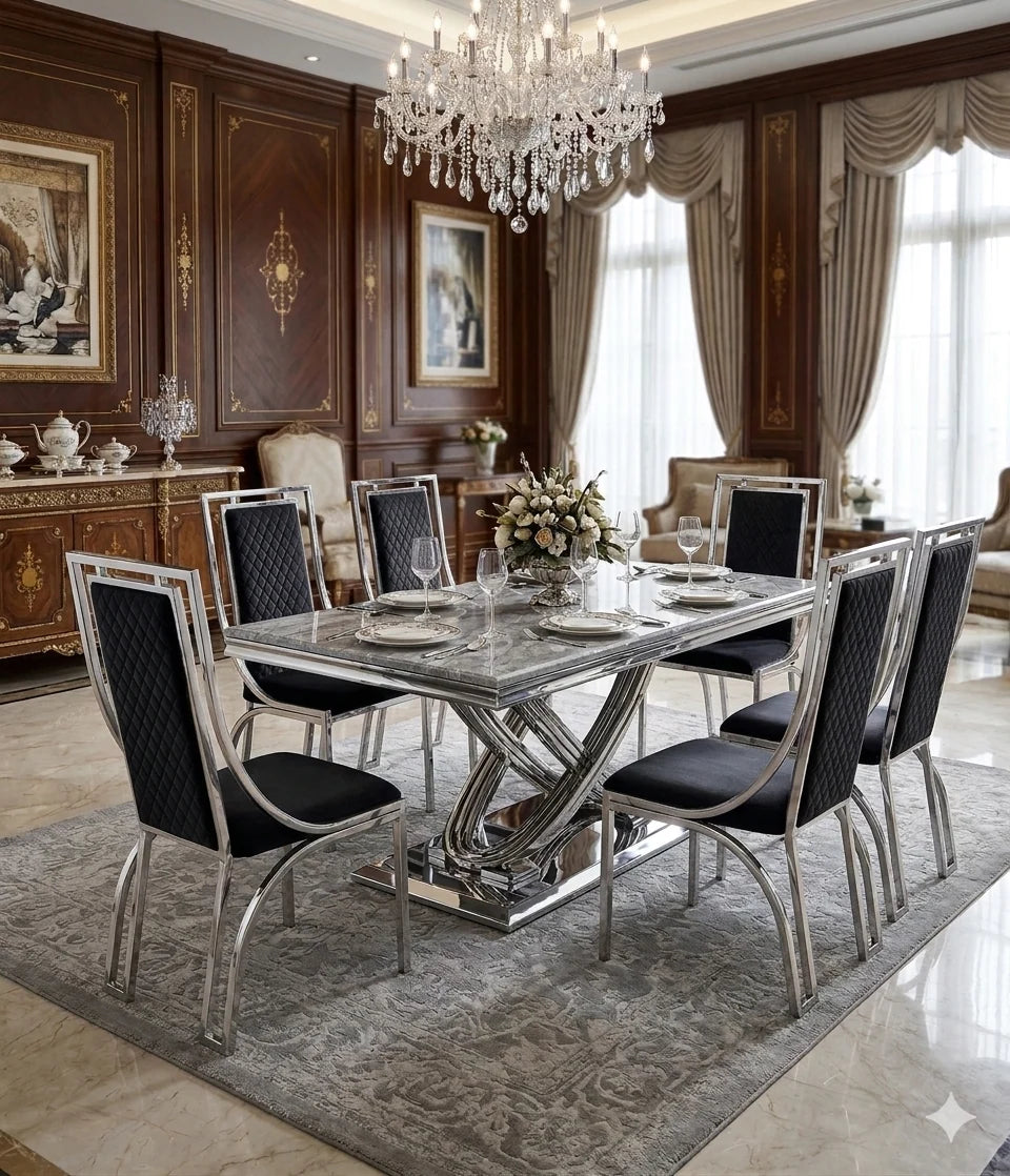 Elina 180cm grey marble dining set with Windsor Chairs offering generous 8 seater dining for family gatherings