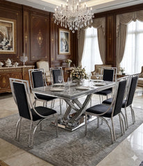 Elina 180cm grey marble dining set with Windsor Chairs offering generous 8 seater dining for family gatherings