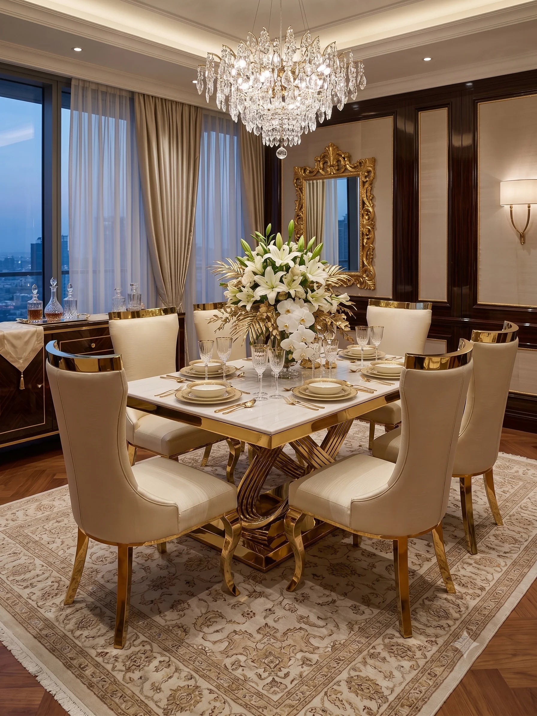 Cream marble dining set with gold pedestal and Rocky chairs for stylish open-plan kitchens