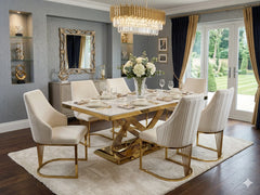 Premium cream marble dining set with gold pedestal table and designer Lasco chairs for sophisticated UK interiors