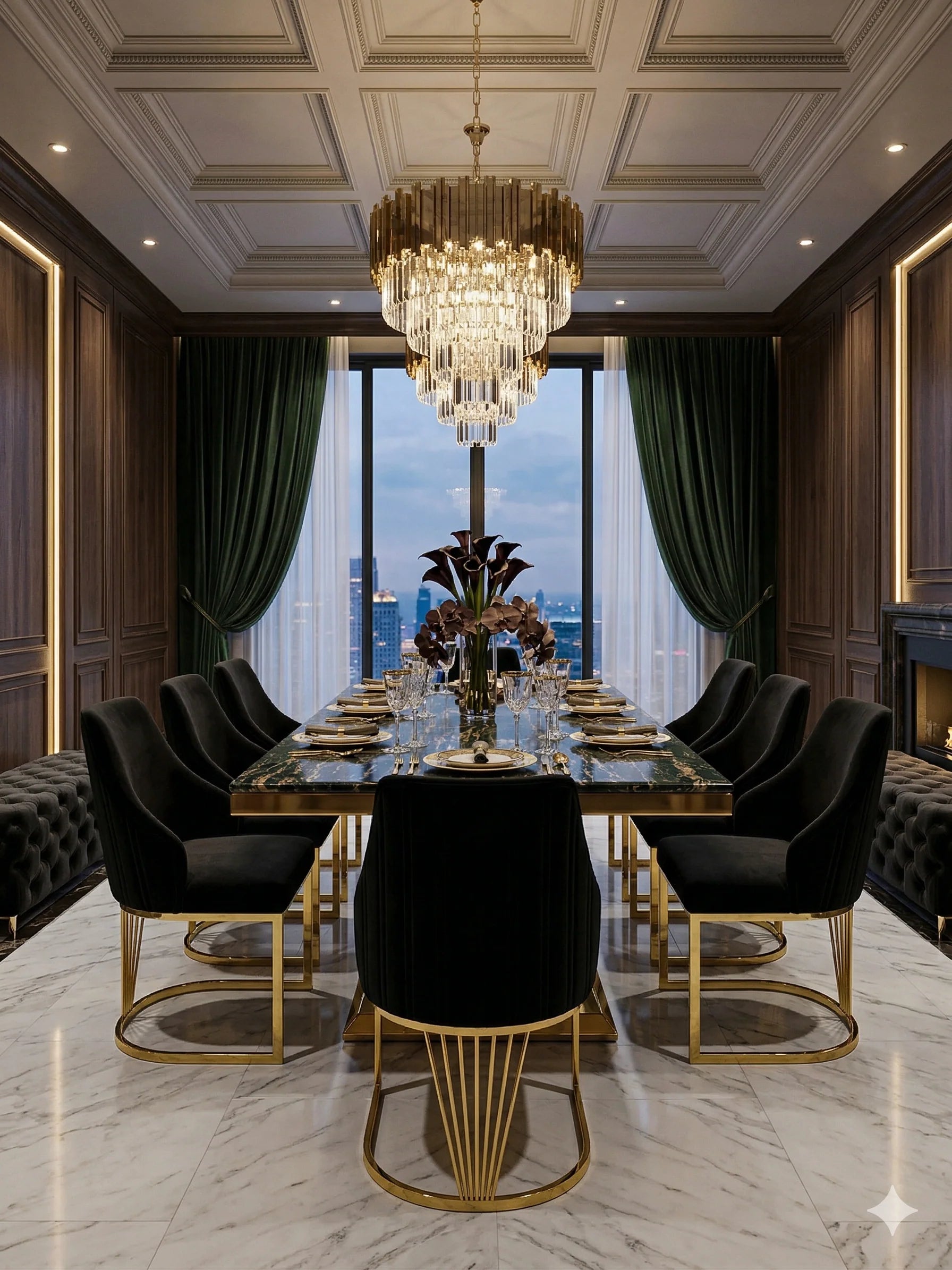Elina black and gold marble dining table set with Lasco chairs for luxury dining rooms in London homes