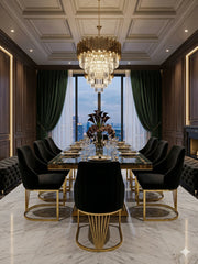 Elina black and gold marble dining table set with Lasco chairs for luxury dining rooms in London homes